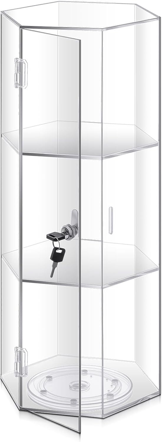 24'' H Rotating Jewelry Display Case with Lock and Keys, 360-degree Locking Acrylic Clear Cabinet for Collectibles
