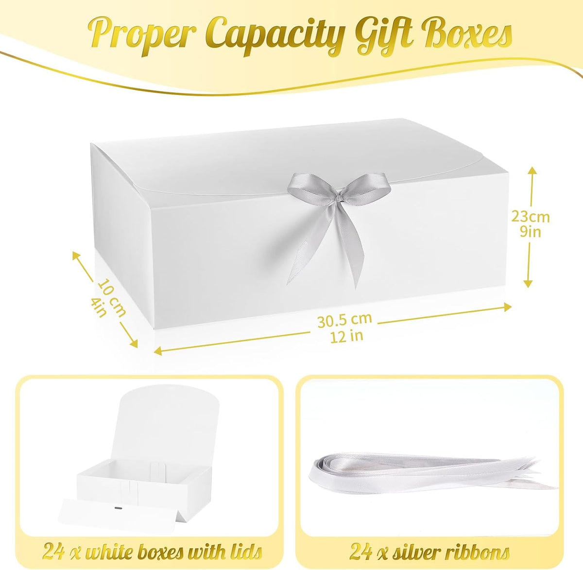 24 Pcs White Gift Boxes with Lids, Ribbons, Wedding Birthday Party