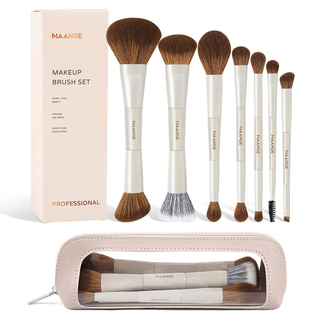 Makeup Brush Set 14-In-7 Double Ended Essential Foundation Makeup Brushes for Powder Concealers Eye Shadows Blush