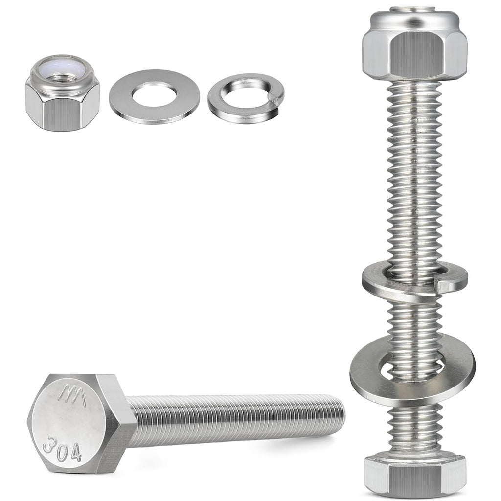 (4 Sets) 3/8-16 x 5 Hex Head Screw Bolt,Lock Nuts,Flat & Lock Washers Kits,304 Stainless Steel 18-8,Fully Threaded