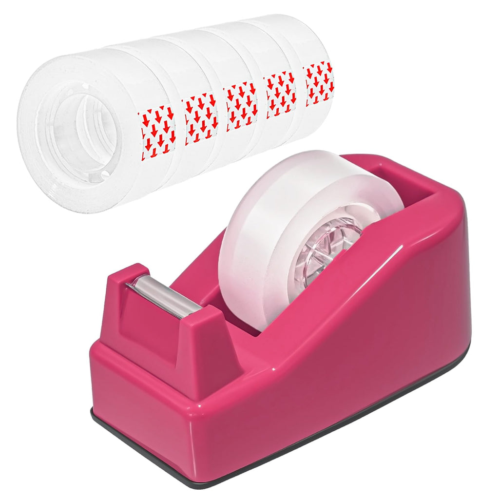 Compact Desktop Tape Dispenser with 6 Rolls 3/4" Clear Tape, Rose Red