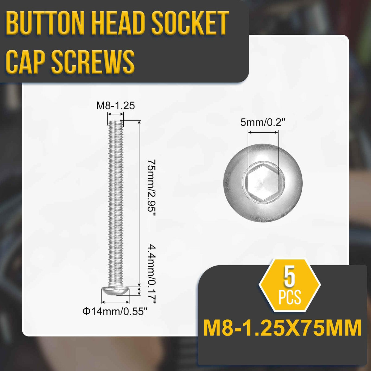 DTGN M8-1.25x75mm Button Head Socket Cap Screw 5Pack 304 SS Whitewashed