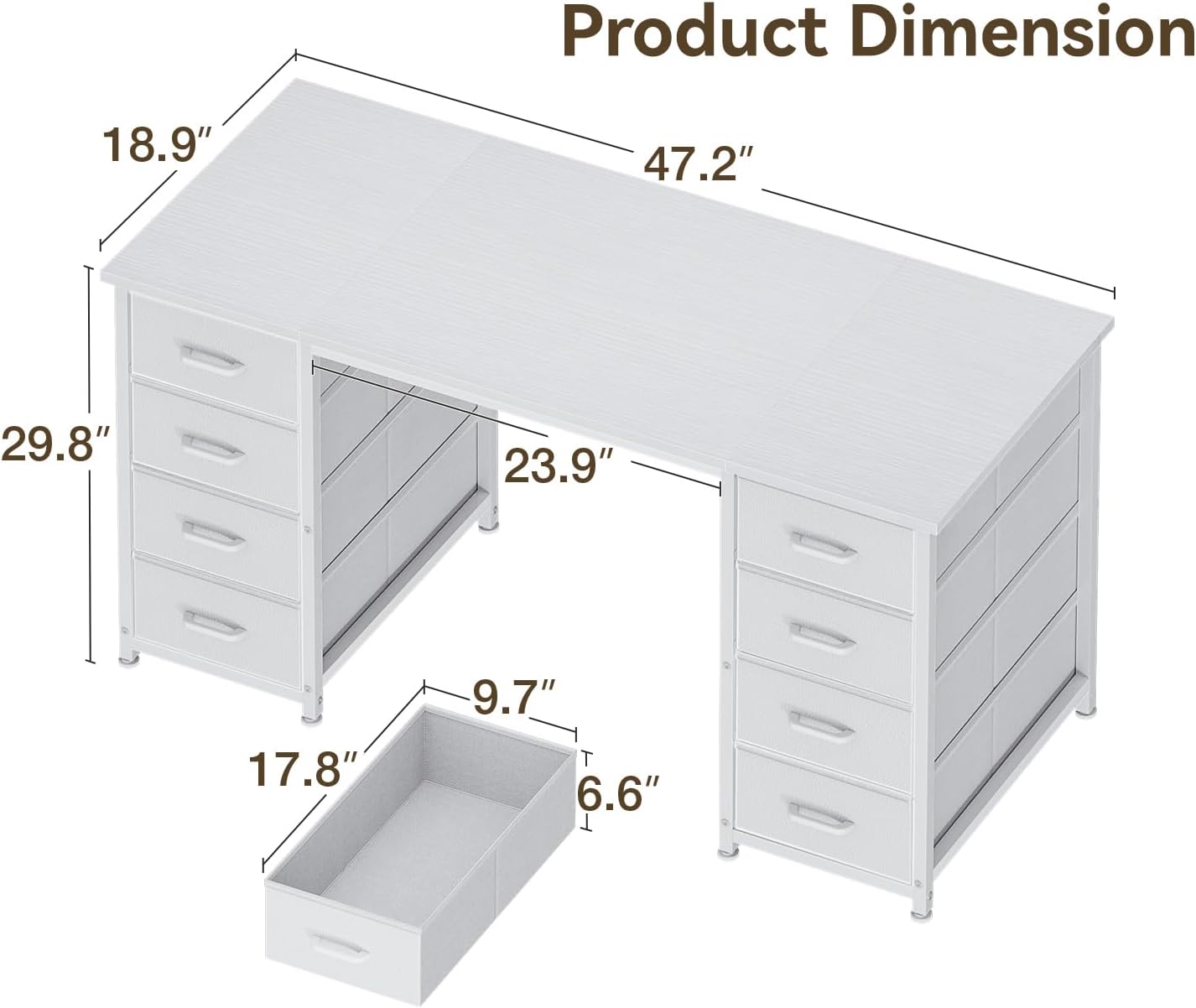 48 Inch White Computer Desk with 8 Fabric Drawers, Modern Office Desk with Large Storage for Home Office, Study