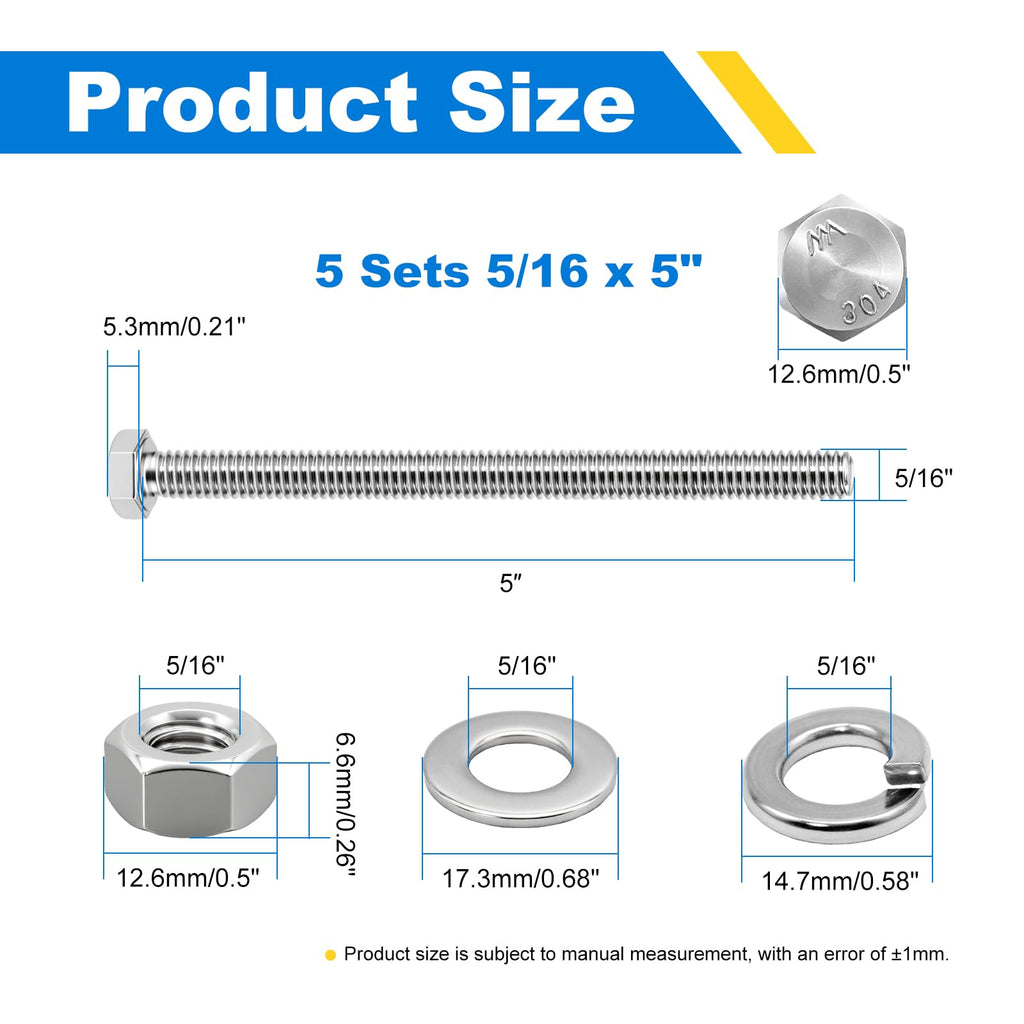 5/16-18 x 5" Hex Bolt Set with Nuts, Flat Washers, Spring Washers - 304 SS