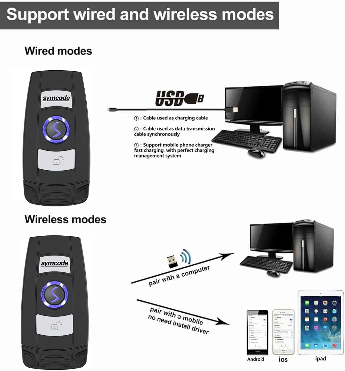 Bluetooth Barcode Scanner with Battery Level Indicator QR Bar Code Reader, 2.4G Wireless & USB Wired Barcode Scanner