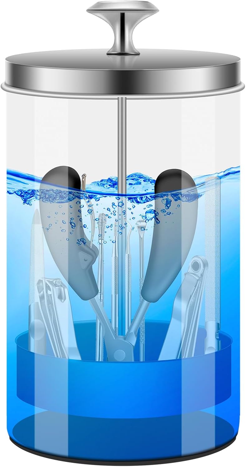 Nail Tool Disinfectant Jar - 21Oz Glass Sterilizer with Removable Strainer Tray