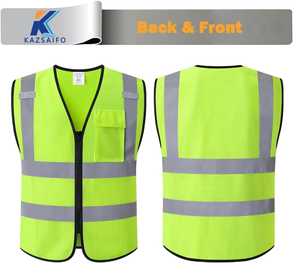 Hi Vis Reflective Safety Vest for Men Women,KZ179,Yellow,L | One Chest Pocket Breathable Mesh Class 2 High Visibility