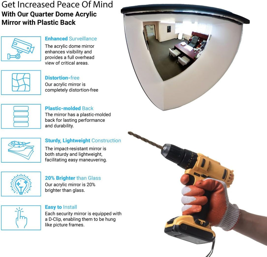 18" Acrylic Quarter Dome Mirror With Plastic Back, Round Indoor Security for Driveway Safety Spots, Outdoor Warehouse