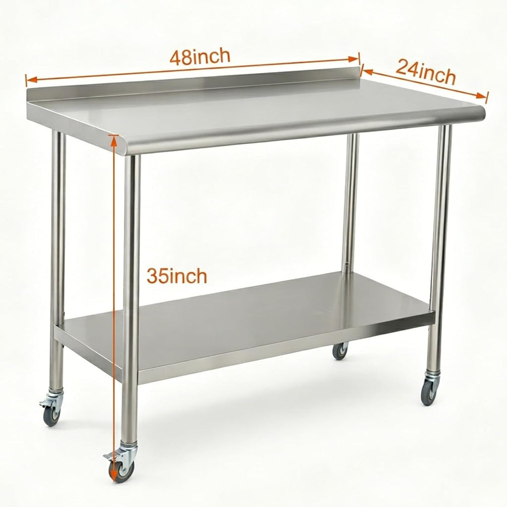 Stainless Steel Curved Edge Work Table 48 inch Double Layer with Backsplash & Casters, Heavy Duty Commercial Prep