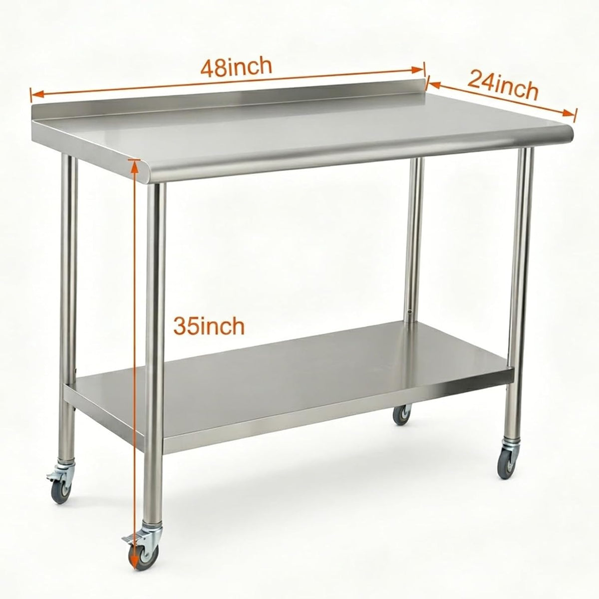 Stainless Steel Curved Edge Work Table 48 inch Double Layer with Backsplash & Casters, Heavy Duty Commercial Prep