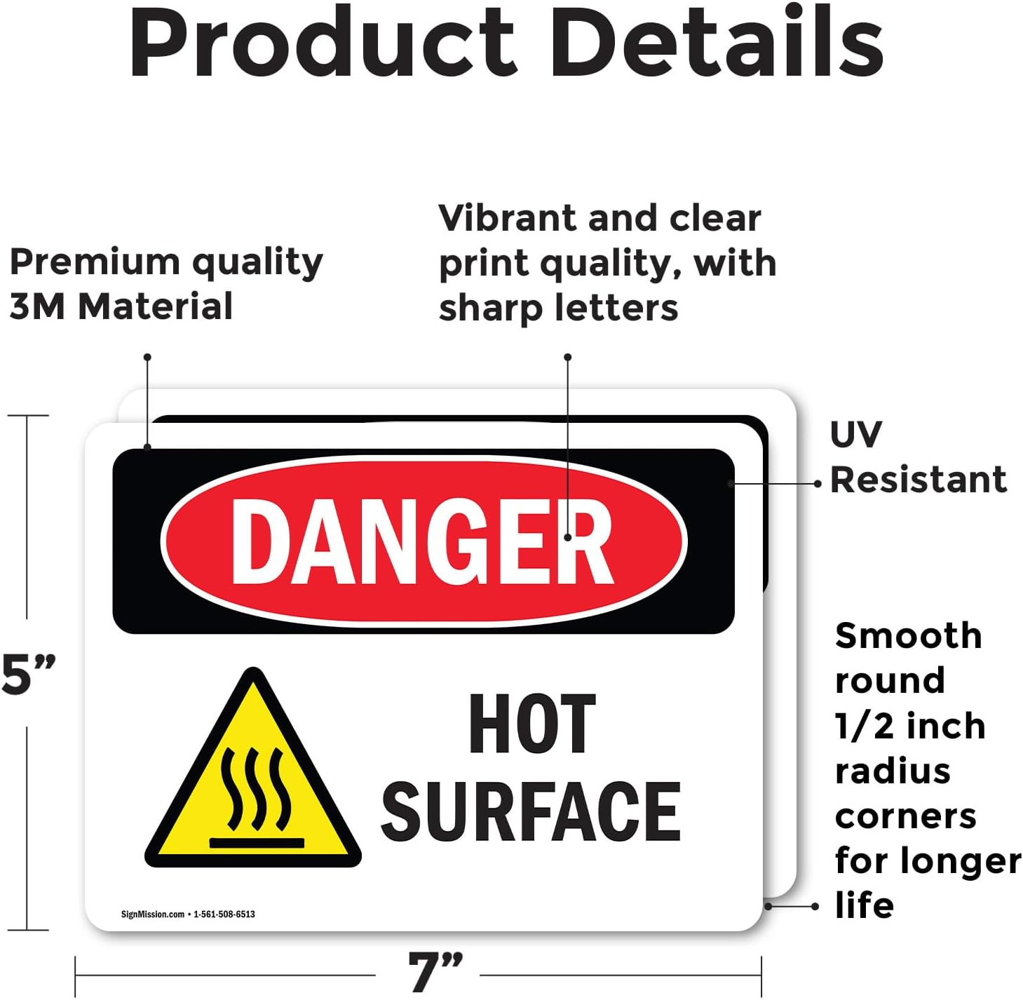 (2 Pack) Hot Surface OSHA Danger Sign 7 Inch X 5 Inch Vinyl Label Decal Sticker Weather Resistant, UV Protected for