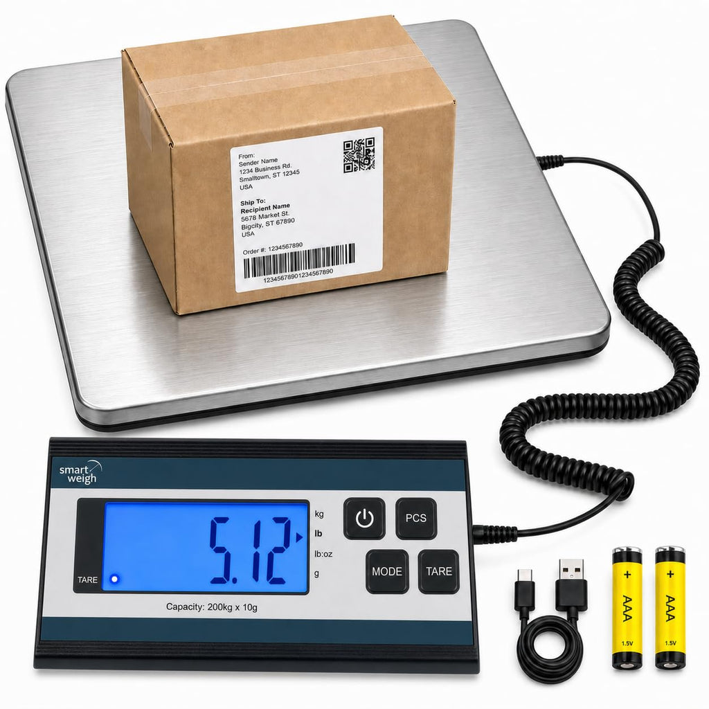 Digital Postal Shipping Scale, 440 lb Capacity, 1 oz Readability, Hold & Tare Functions, Battery or USB-C Power