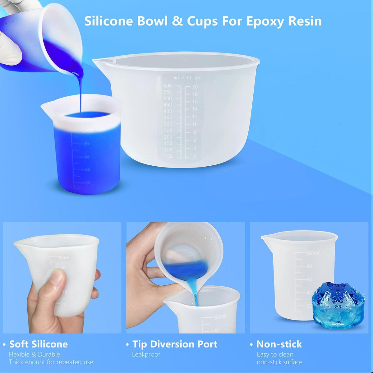 Silicone Measuring Cups for Epoxy Resin, Reusable Mixing Cups, Melt Stir Squeeze & Pour Measuring Cups Easy Clean for