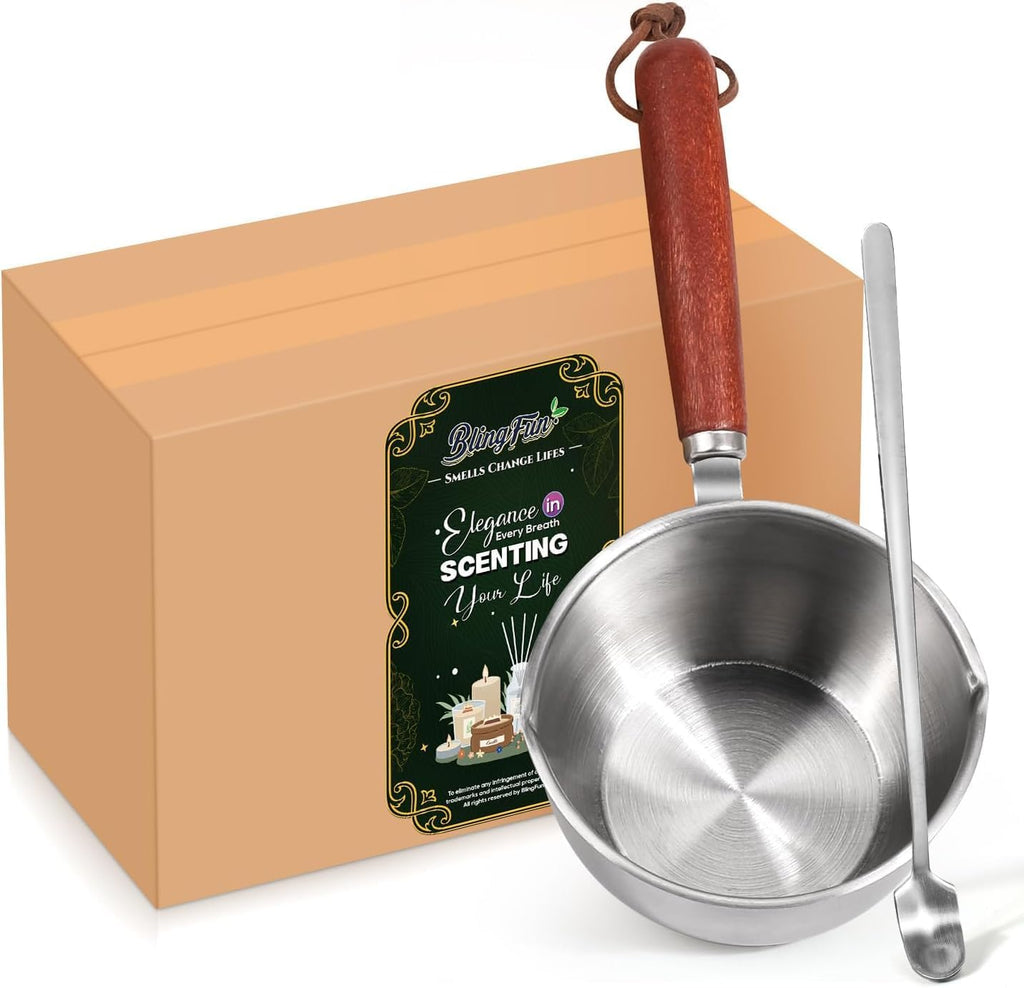 Wooden Handle Wax Melting Pot for Candle Making, Stainless Steel Pouring Pitcher with Spout, Heat-Resistant Handle