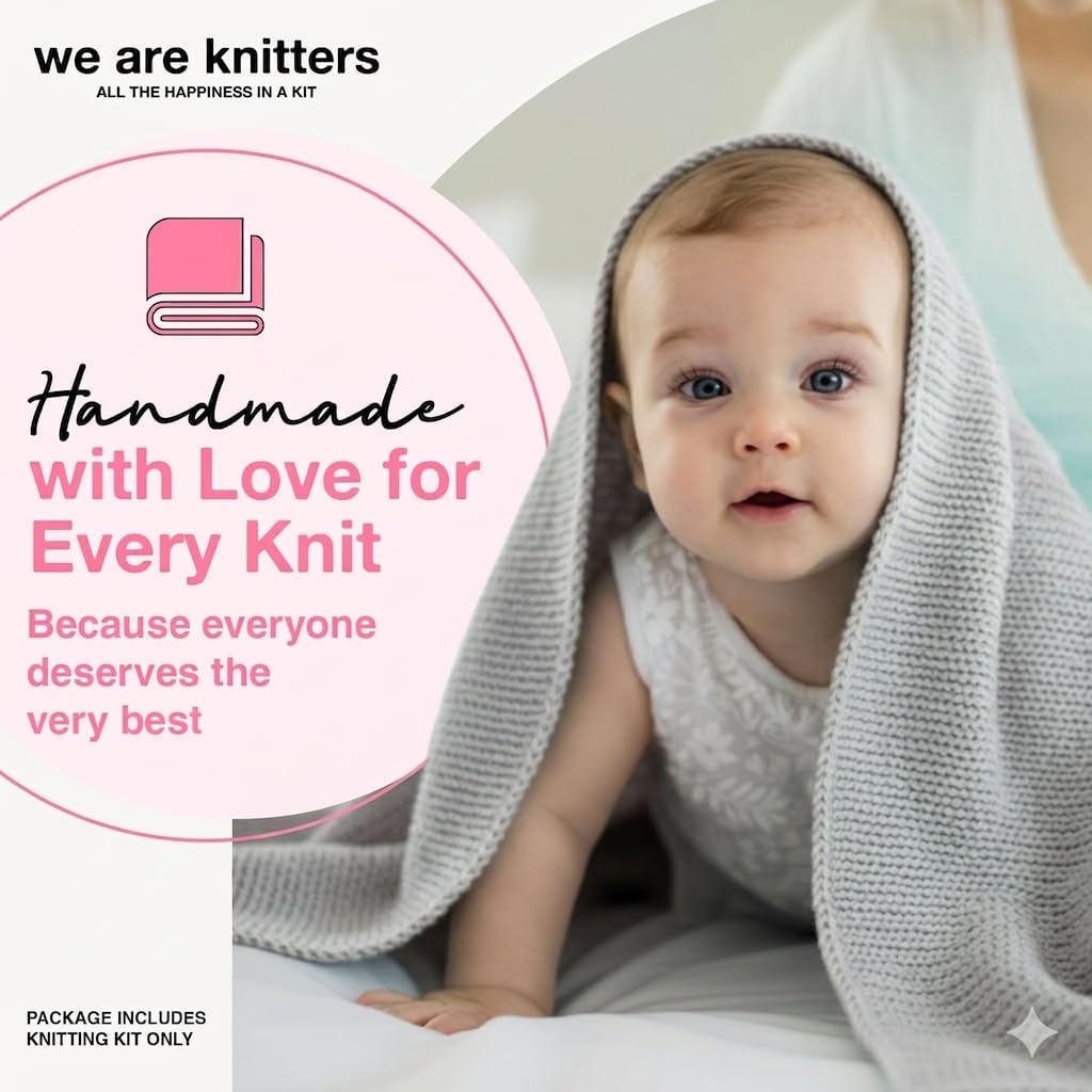 Blanket Knitting Kit for Beginners – DIY Cotton Throw Starter Set with Knitting Needles, Sewing Needle, Textile Label