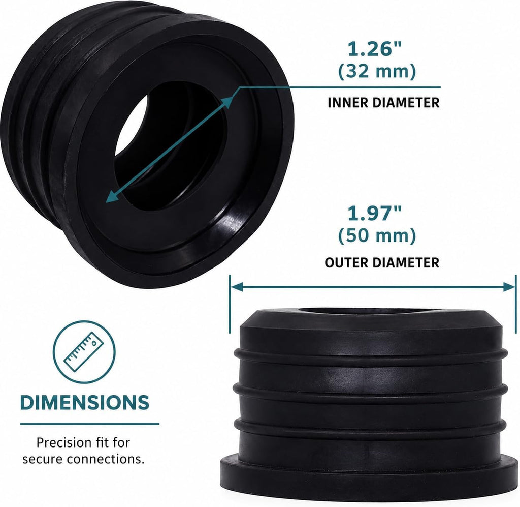 (Pack of 1) Black Rubber Sleeve for Drain Pipe, 1.57" x 1.26" (50 x 32 mm) Pipe Connector, Adaptor, and Reducer