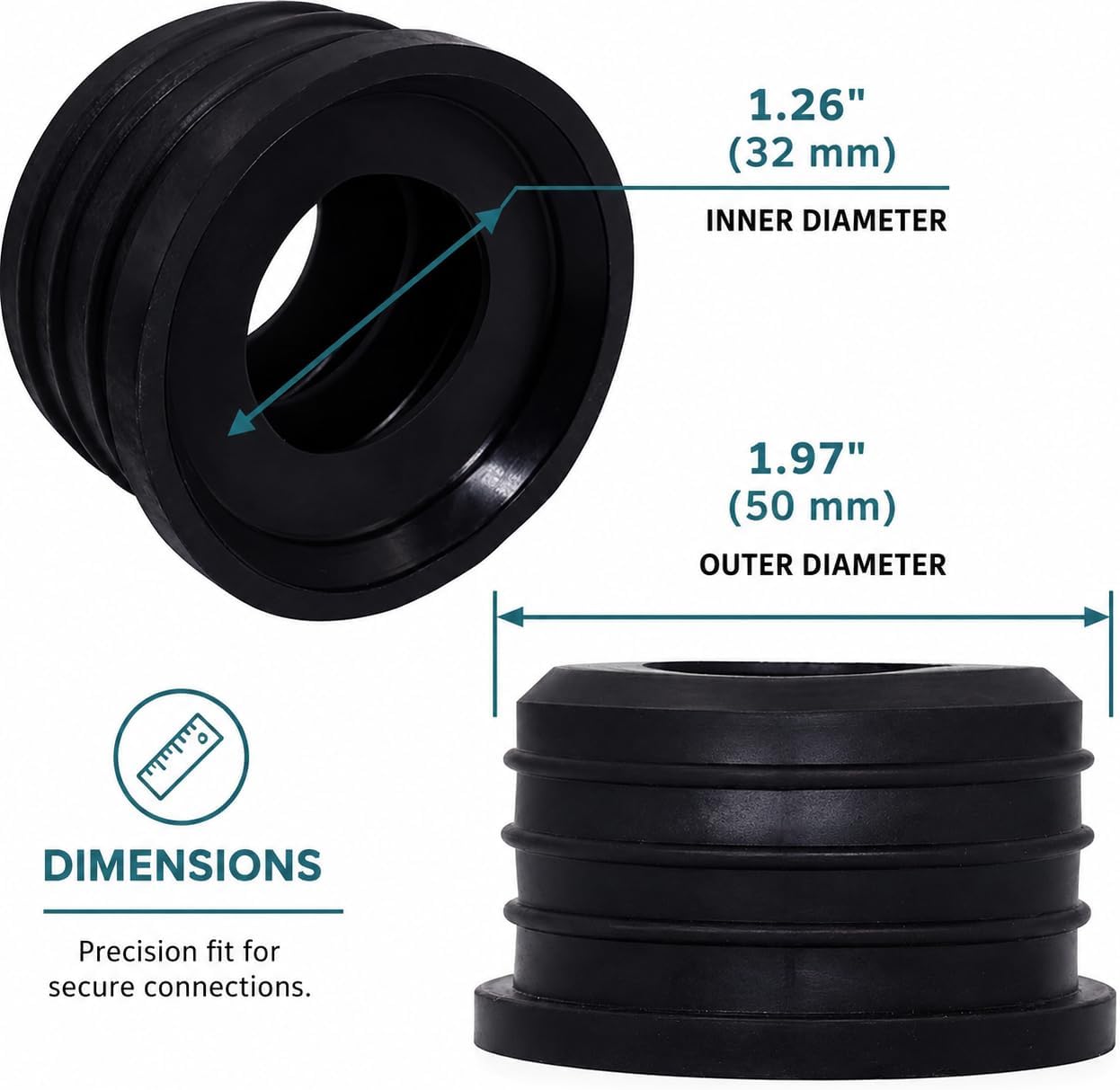 (Pack of 1) Black Rubber Sleeve for Drain Pipe, 1.57" x 1.26" (50 x 32 mm) Pipe Connector, Adaptor, and Reducer