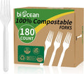 100% Compostable Forks 180 Count Disposable Forks bulk Utensils Set Heavy Duty Fork Silverware Eco Friendly Flatware