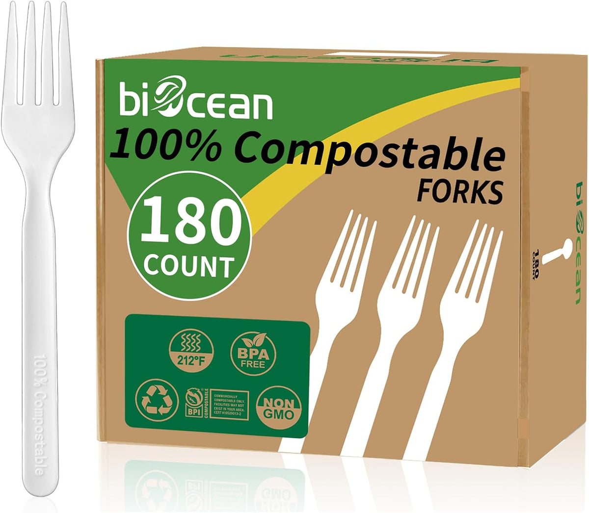 100% Compostable Forks 180 Count Disposable Forks bulk Utensils Set Heavy Duty Fork Silverware Eco Friendly Flatware
