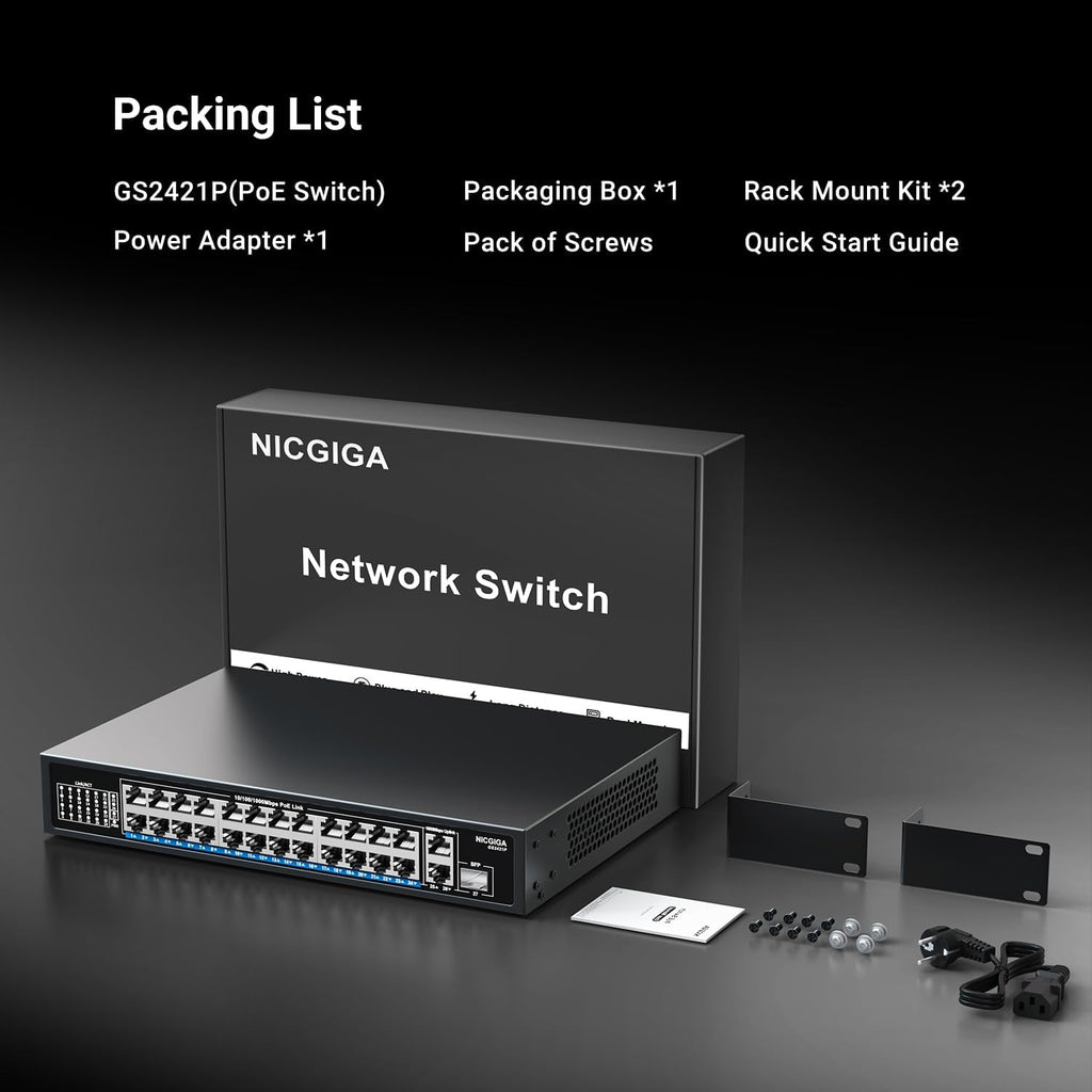 24-Port Gigabit PoE Switch with 24 PoE+@300W, 2 Gigabit Uplink Ports, 1 SFP, Sturdy Metal for Desktop/Rack Mount