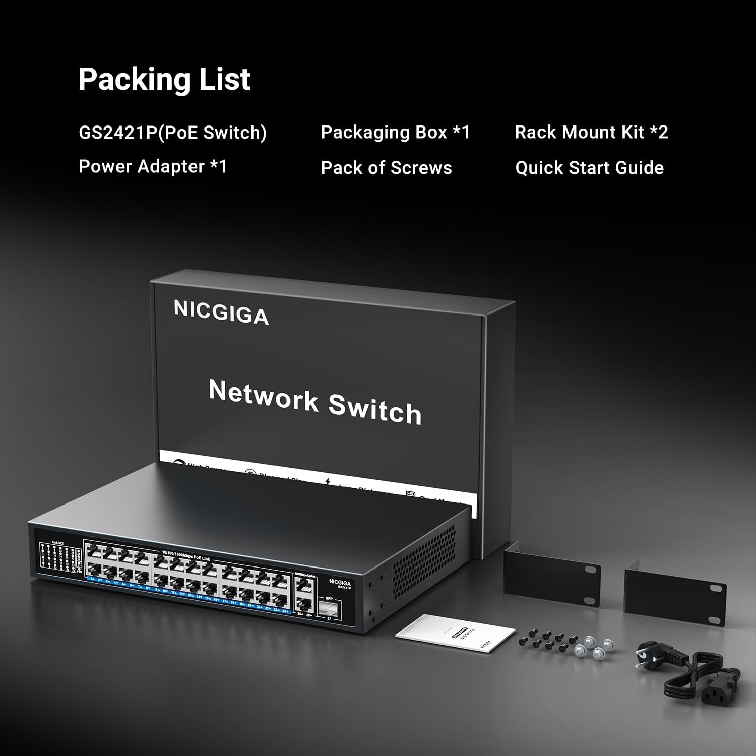 24-Port Gigabit PoE Switch with 24 PoE+@300W, 2 Gigabit Uplink Ports, 1 SFP, Sturdy Metal for Desktop/Rack Mount