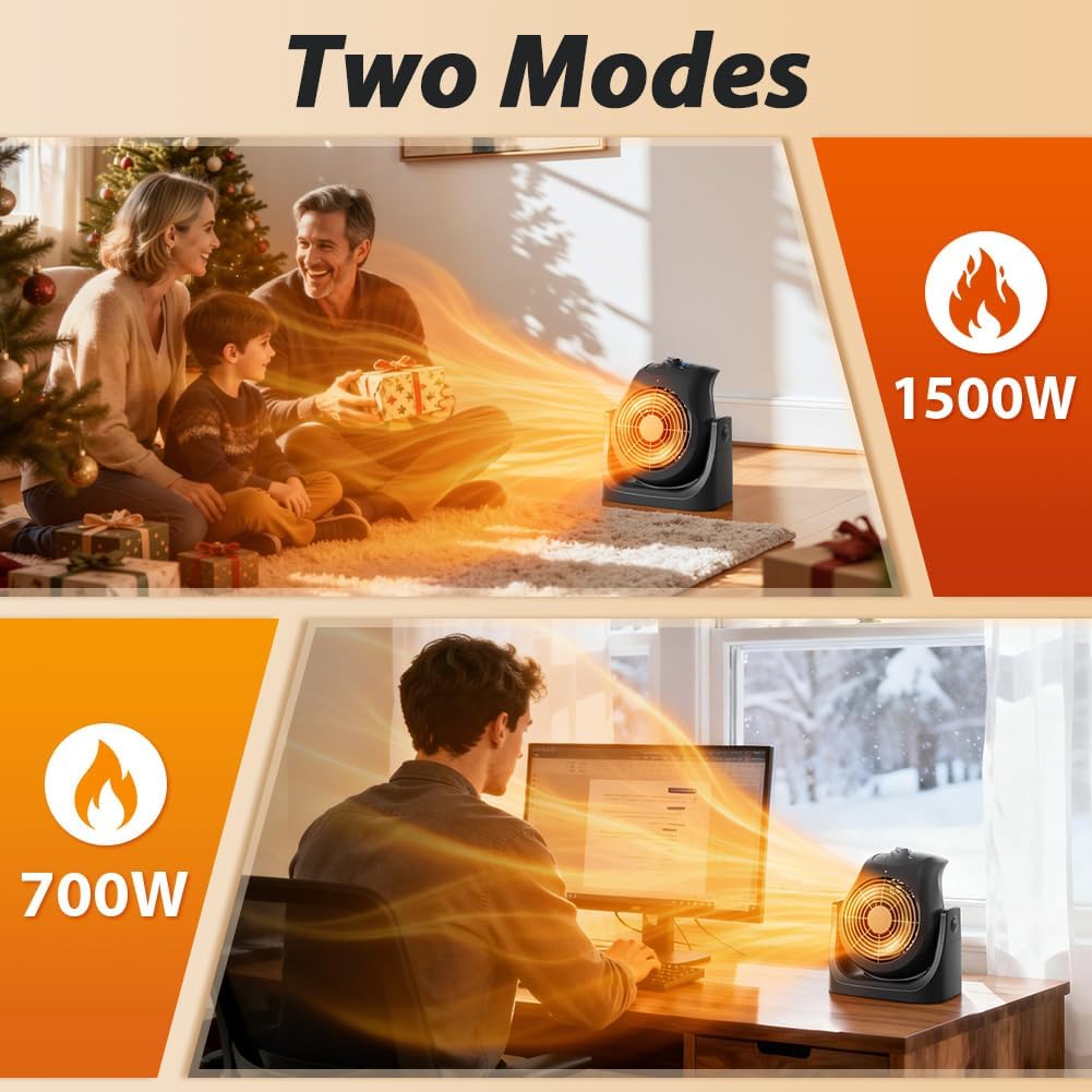 Portable Electric Space Heater Cooling Desk Fan 2 in 1 Heater Fan Combo with 45° Tilt, 2 Wind Speeds, 1500W Overheat