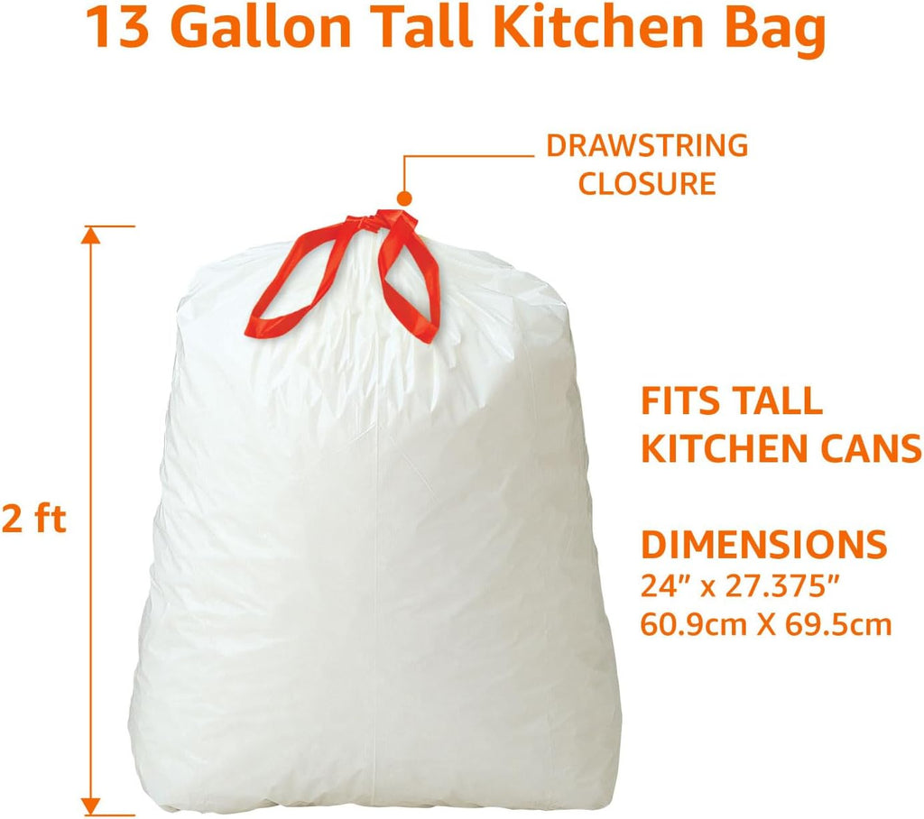 Tall Kitchen Drawstring Trash Bags, Sturdy and Tear Resistant, 13 Gallon, Unscented, 120 Count