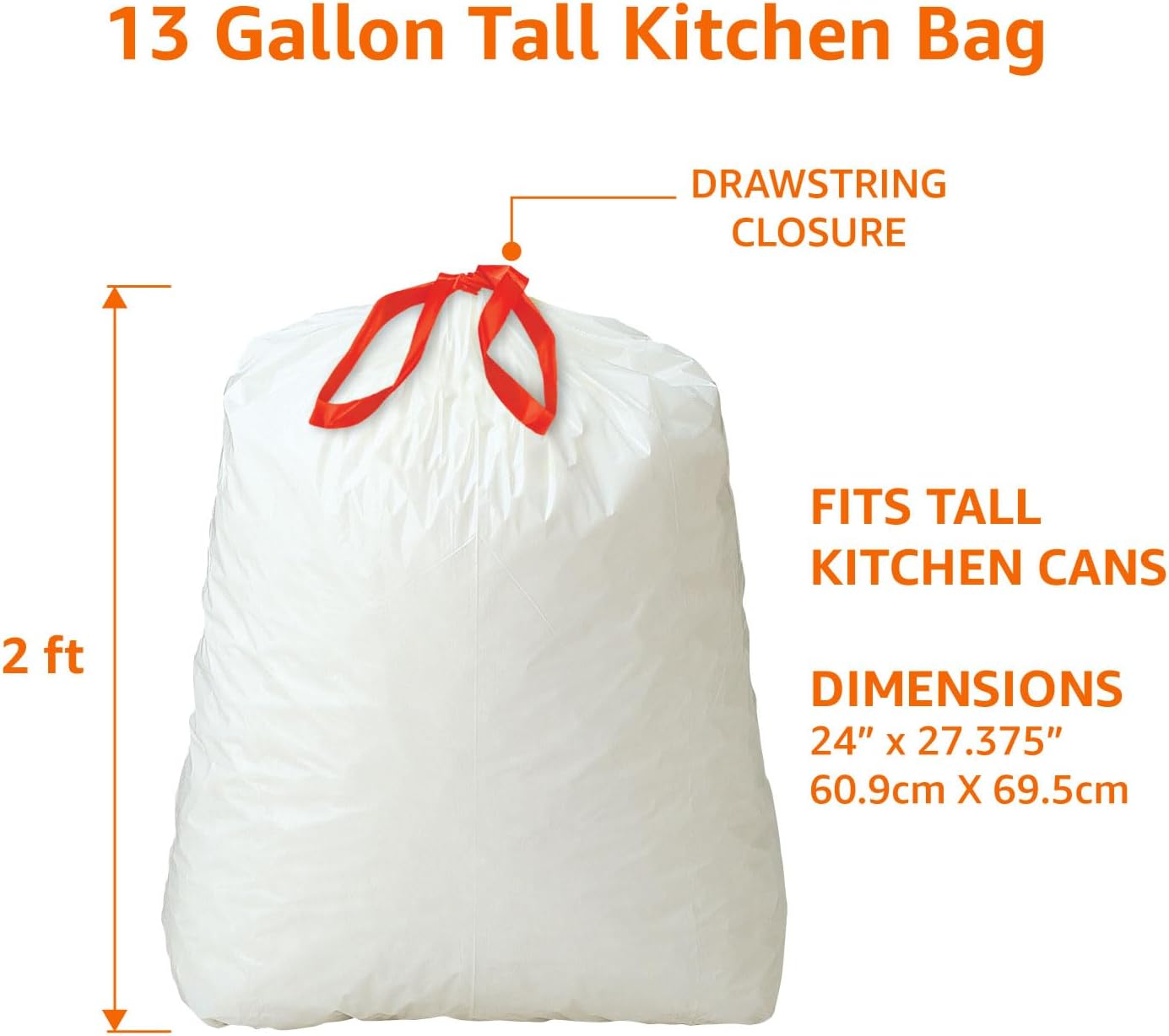 Tall Kitchen Drawstring Trash Bags, Sturdy and Tear Resistant, 13 Gallon, Unscented, 120 Count