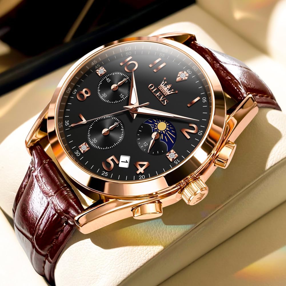 Men's Watches Brown Leather with Date,Casual Watches for Men,Large Face Watches Men,Chronograph Mens Watch,Sport