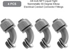 4-Pack 3/4 Inch Liquid Tight Conduit Connectors, Elbow