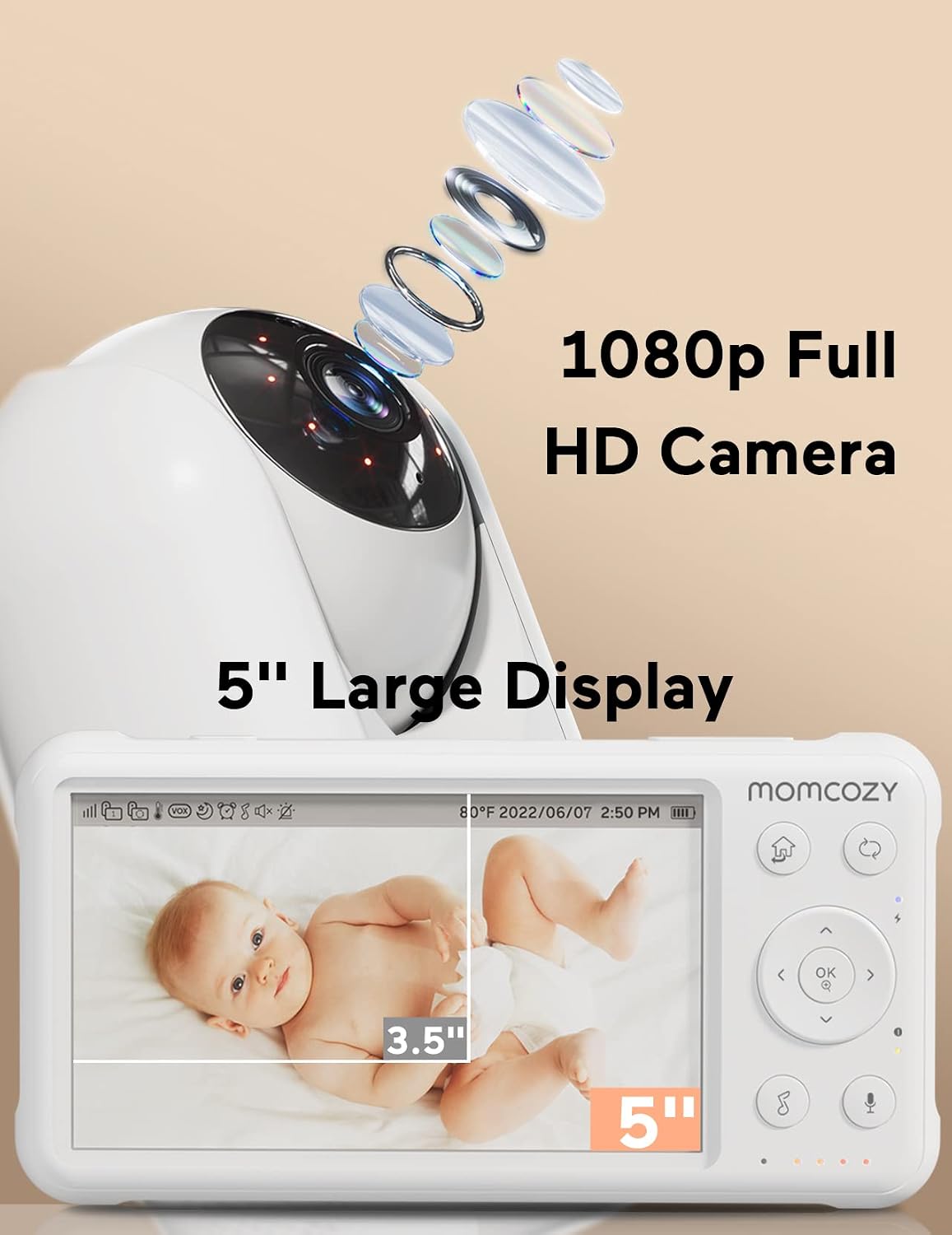 Video Baby Monitor, 5" 1080P HD Baby Monitor with Camera and Audio | Infrared Night Vision, 5000mAh Battery, 2-Way