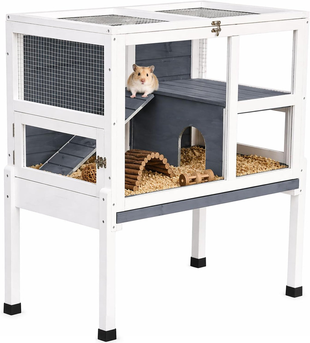 2-Story Guinea Pig Cage with Stand, Indoor Wooden Hamster Cage with Ramp, Pull-Out Tray, Hideout & Platform, Acrylic