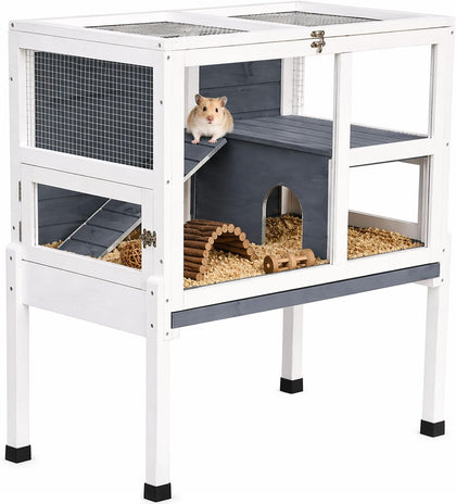 2-Story Guinea Pig Cage with Stand, Indoor Wooden Hamster Cage with Ramp, Pull-Out Tray, Hideout & Platform, Acrylic