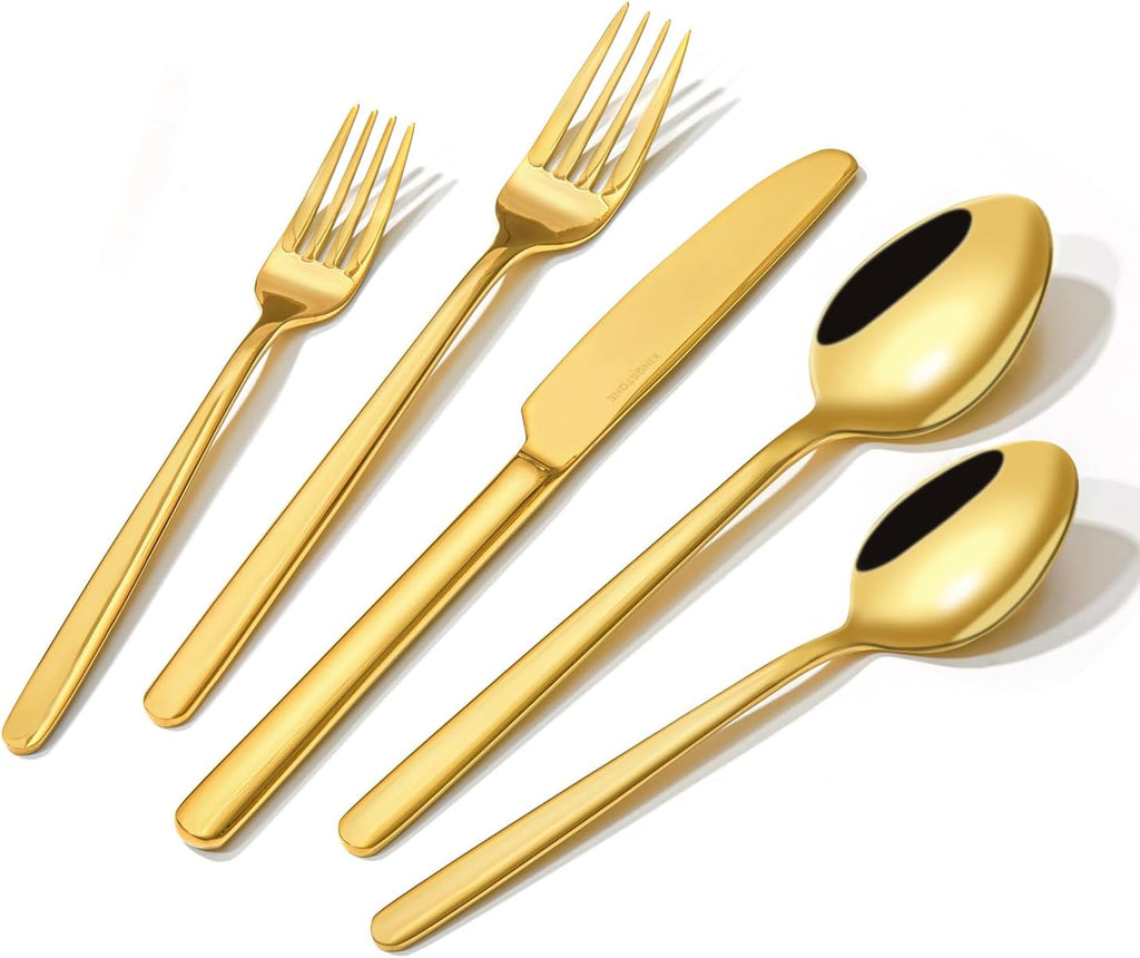 Gold Silverware Set, 60 Piece Flatware Cutlery Set for 12, 18/10 Stainless Steel Silverware Mirror Polished