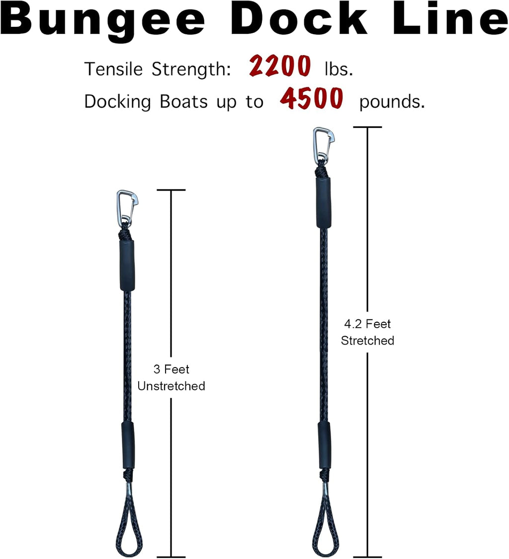 3 Feet Bungee Dock Line Boat Ropes for Docking Line Mooring Rope with Stainless Steel Clip Accessories for Boats 2pcs
