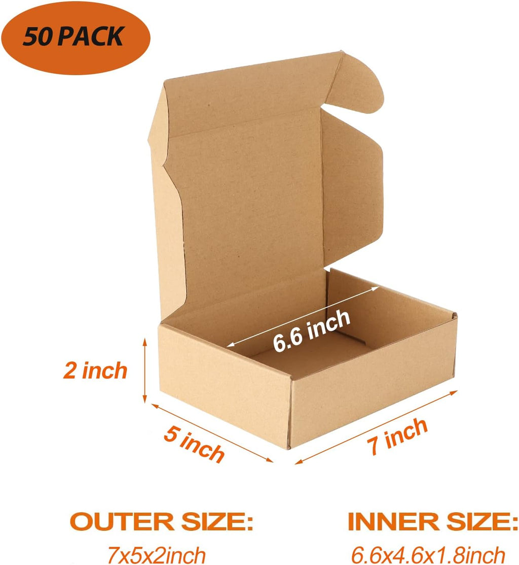 50 Pack 7x5x2 inch Small Shipping Boxes, Brown Mailing Boxes