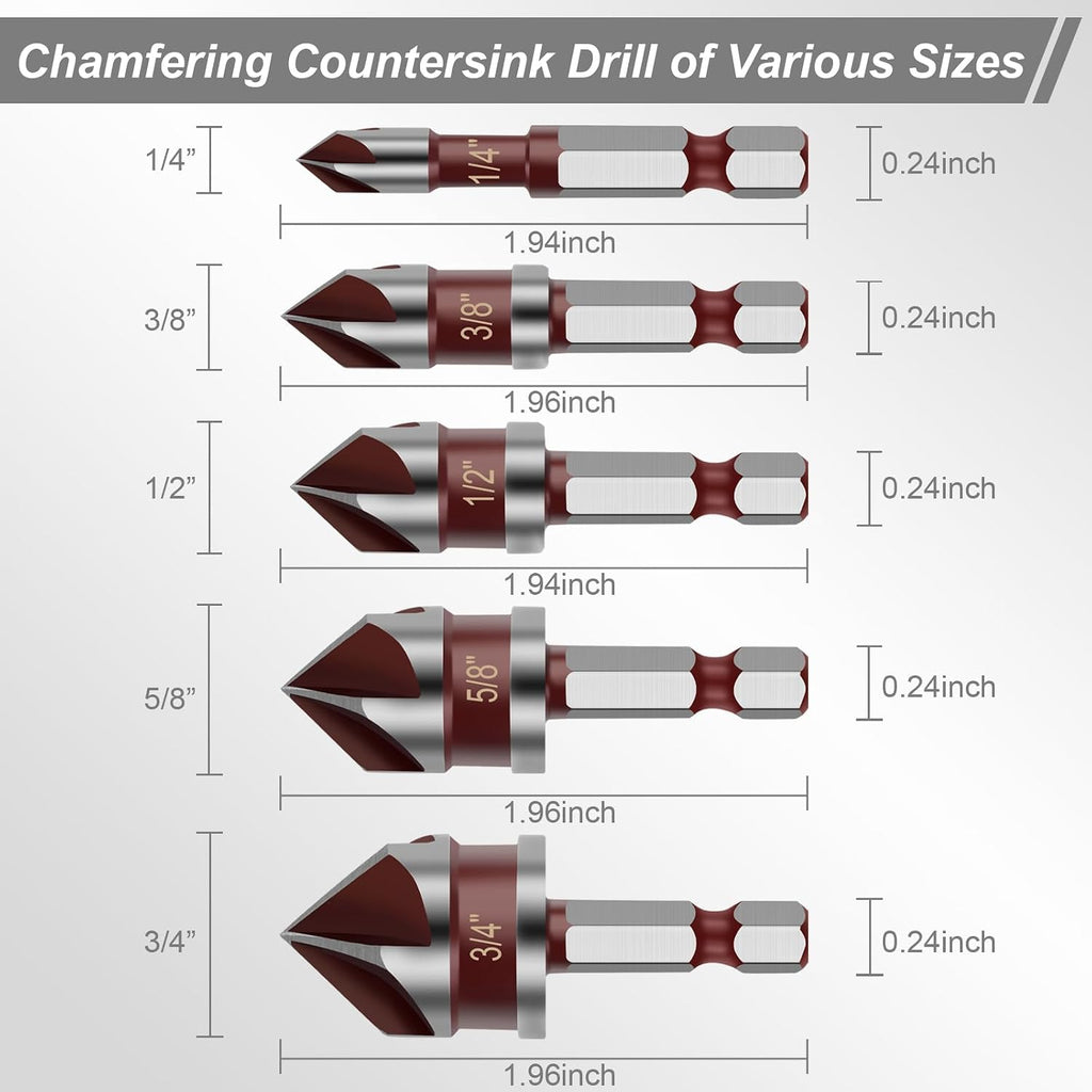 5PCS Countersink Drill Bit Set, 1/4" Hex Shank Countersink Bit Set for Wood