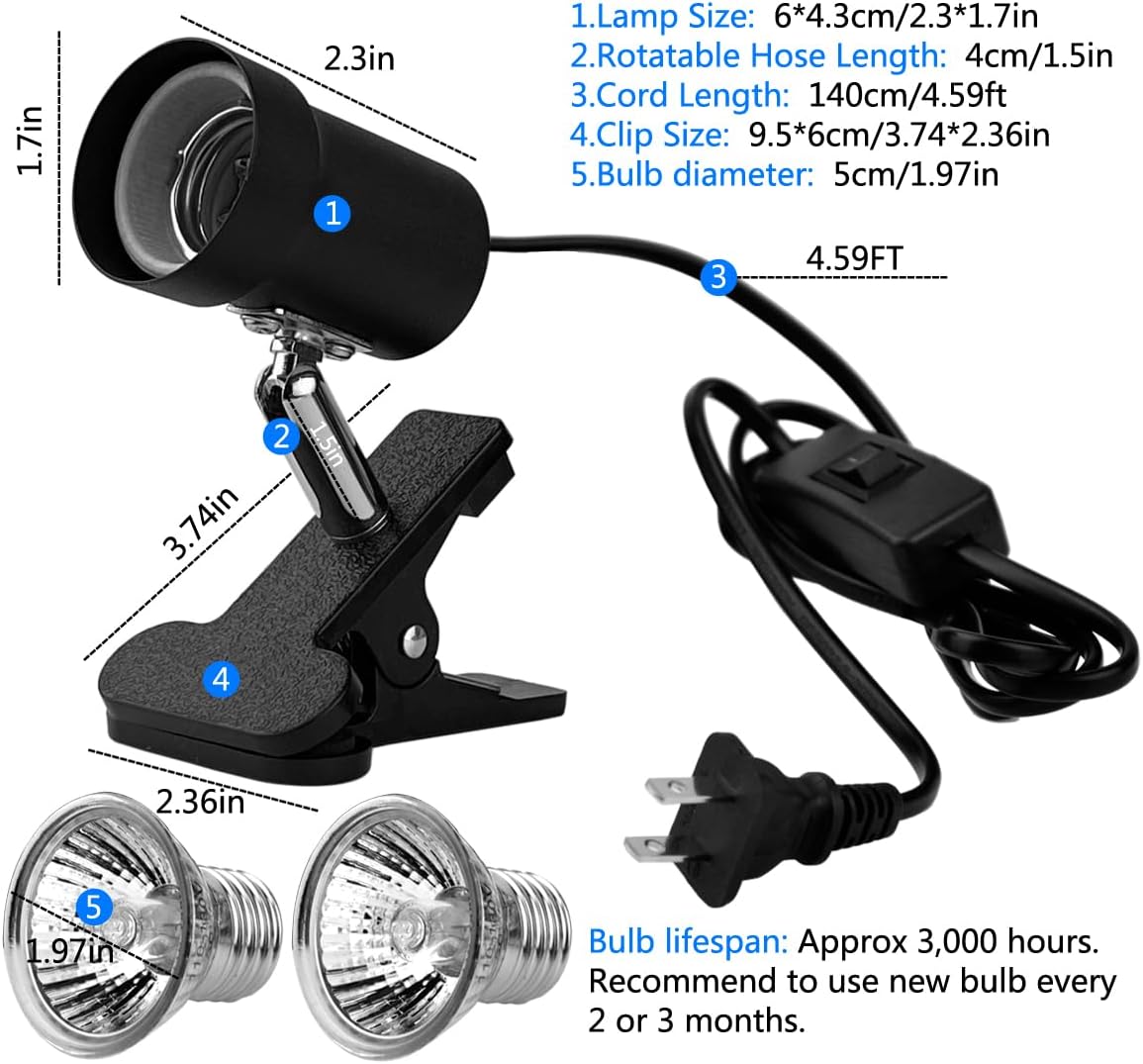 Turtle Heat Lamp + 2 Heating Bulbs (50W,35W), Reptile UVA UVB Basking Spot Lamp, Warming Light with Clamp for