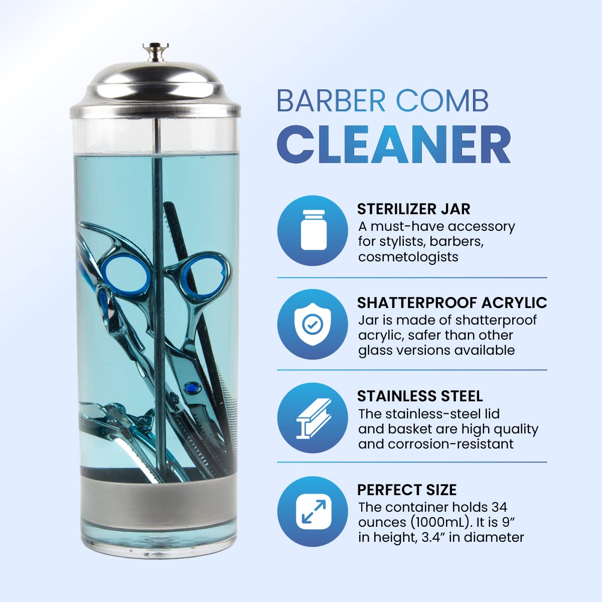 Salon Disinfectant Jar - Shatterproof Acrylic - Barber Comb Sterilizer Jar