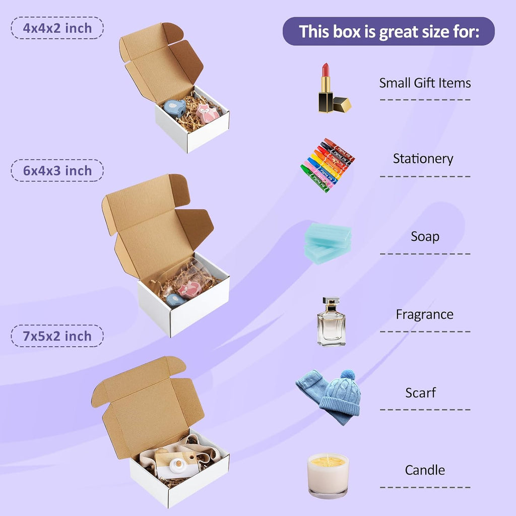 30 Pack Small Shipping Boxes Assorted Sizes, 4x4x2, 6x4x3, 7x5x2-10 PCS Each Small Boxes, White Corrugated Box