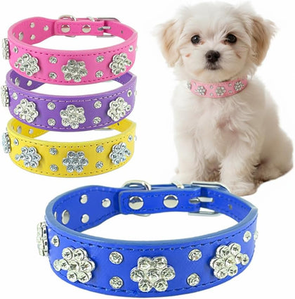 Rhinestone Flower Dog Collar for Small Dogs, Cats & Kitten, Sparkling Bling Crystal Diamond PU Leather Dog Collars