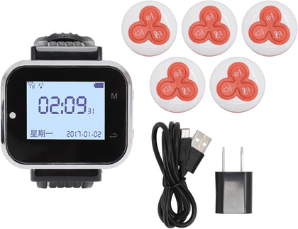 Wireless Calling System with 1 Watch Receiver and 5 Pagers, Rechargeable Queue Pager Alert for Restaurant, 100-240V Plug