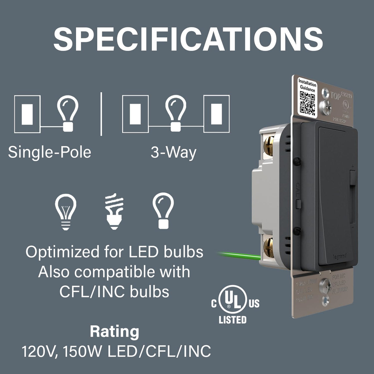 Legrand Radiant 150W LED Dimmer Light Switch 3-Way Rocker Graphite 1 Pack