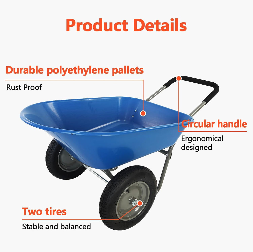 Dual Wheel Wheelbarrow, Heavy Duty Garden Cart, 300 lbs Capacity Utility Cart with Two 15 inches Pneumatic Tires for