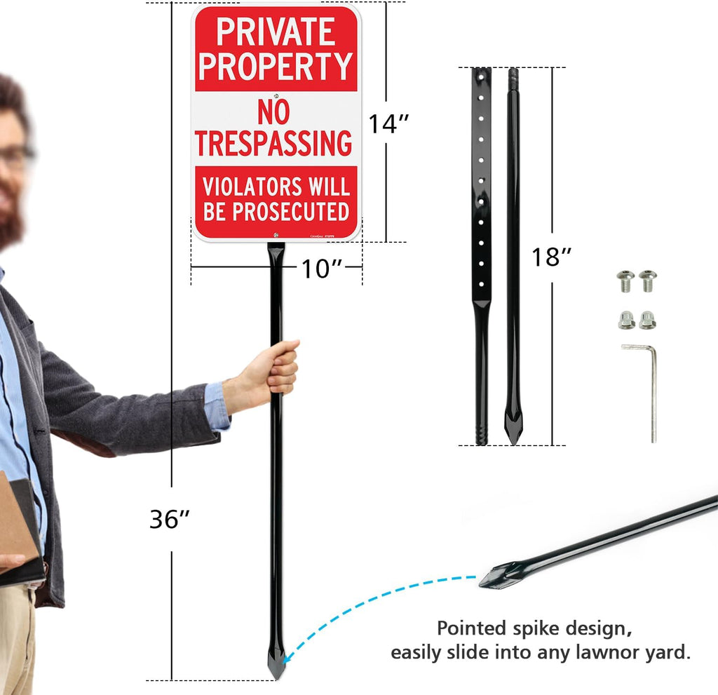 Large No Trespassing Signs Private Property Sign with 36" Heavy Duty Metal Stakes, 14"x10" .040 Aluminum Reflective
