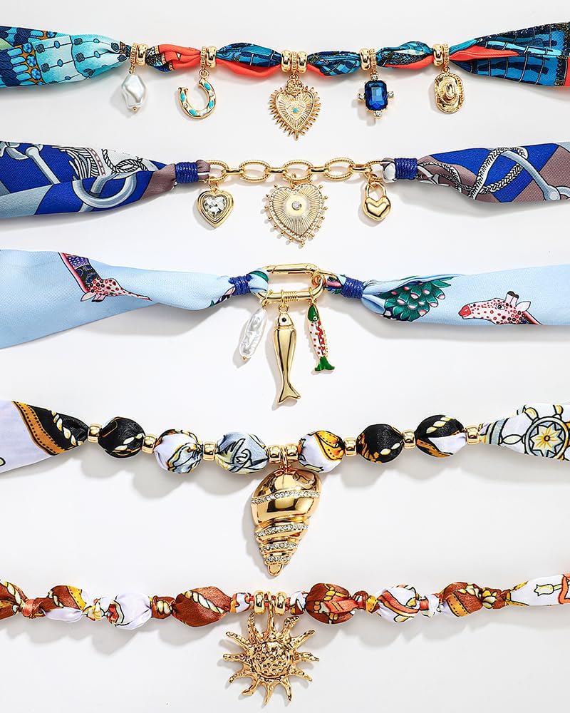 Boho Scarf Necklace With Multi Conch Shell Heart Horseshoe Fish Charms Large Sun Pendant Necklace Adjustable Bandana