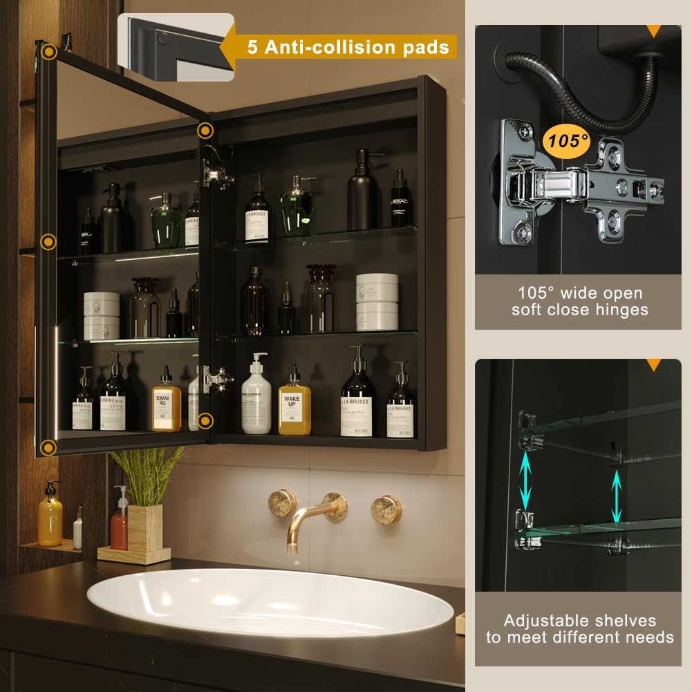 LED Bathroom Mirror Cabinet, Light Adjustment, Anti-Fog, Sockets&USBs