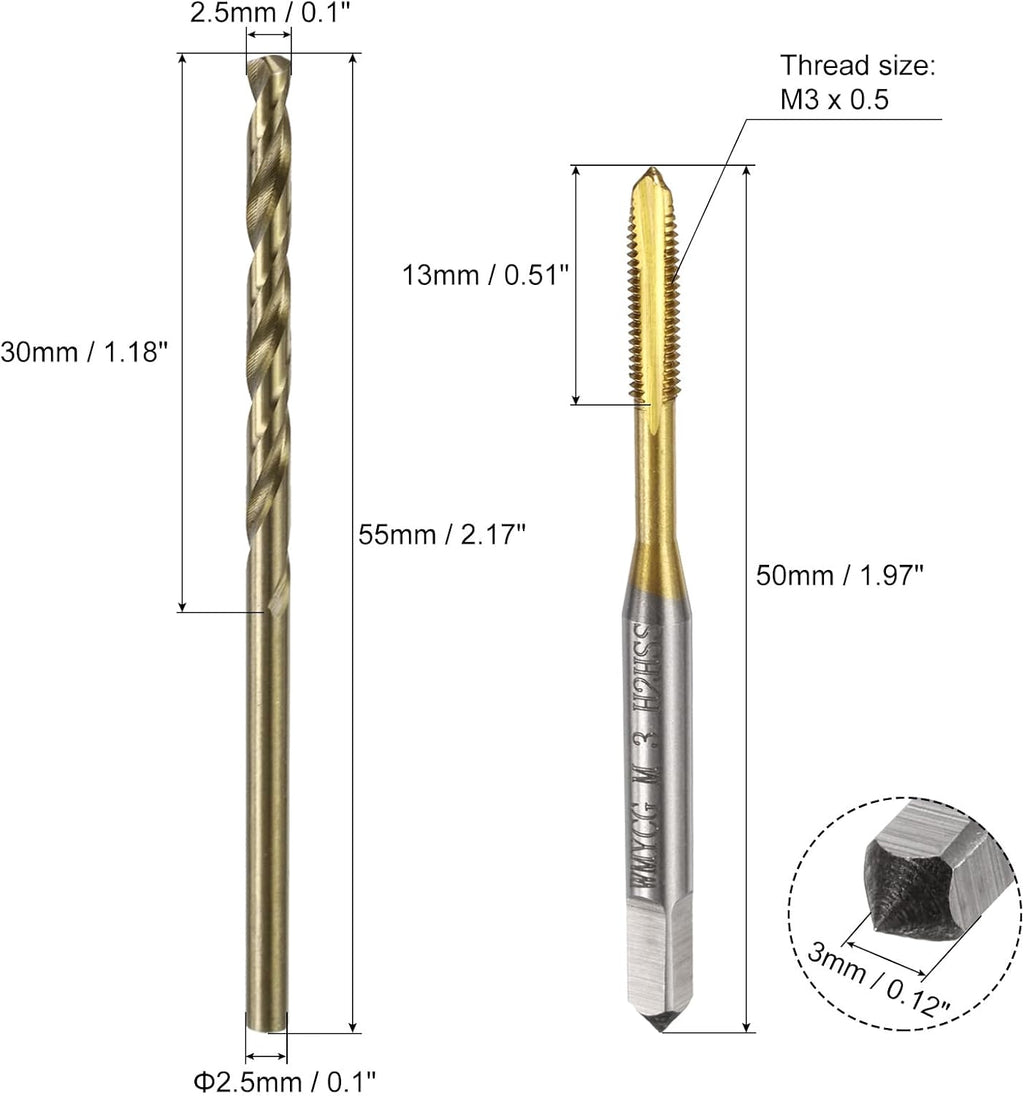 uxcell Metric Tap & Drill Bit Set, 2pcs M3 x 0.5 Spiral Point Thread Taps Titanium Coated and 2pcs 2.5mm Twist Drill Bits Roasted Yellow, Screw Tapping Threading Tools