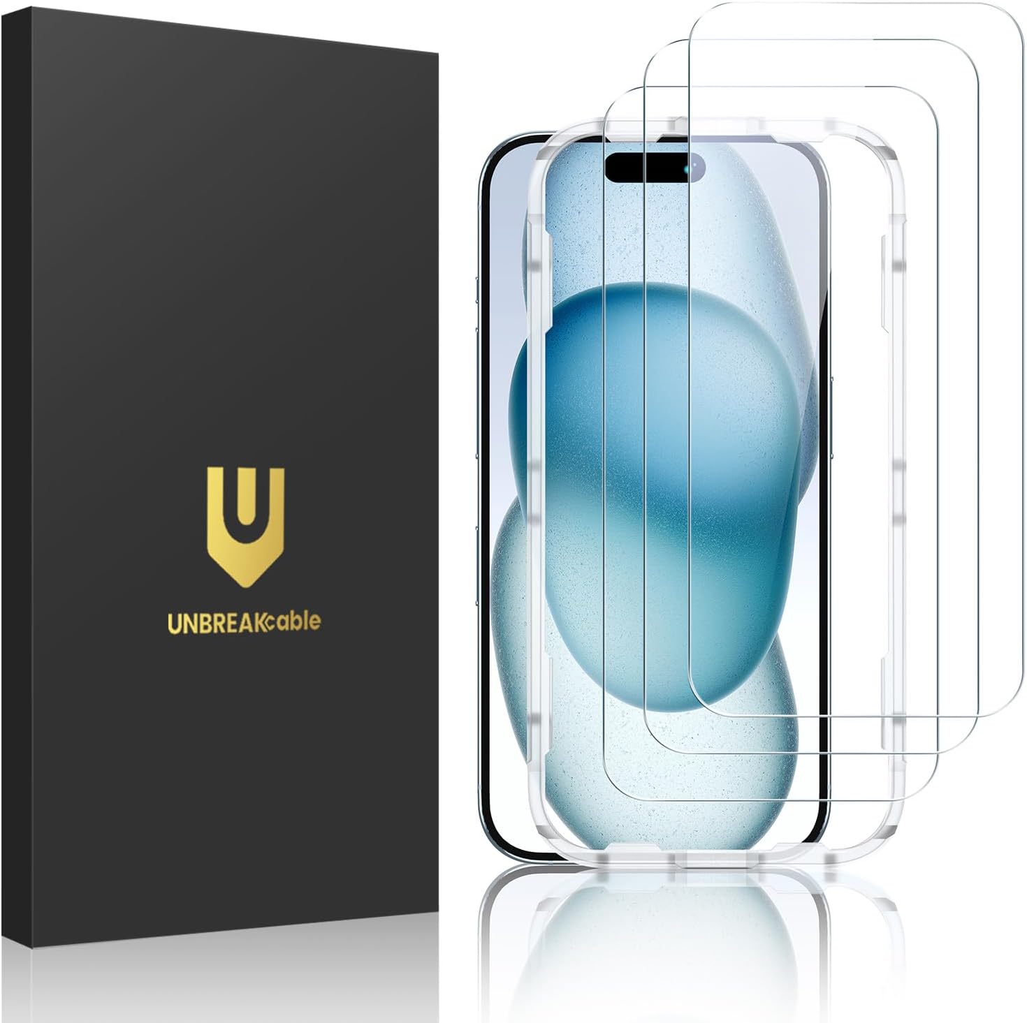 3-Pack Screen Protector for iPhone 15, Double Shatterproof Tempered Glass [Easy Installation Frame] [9H Hardness]
