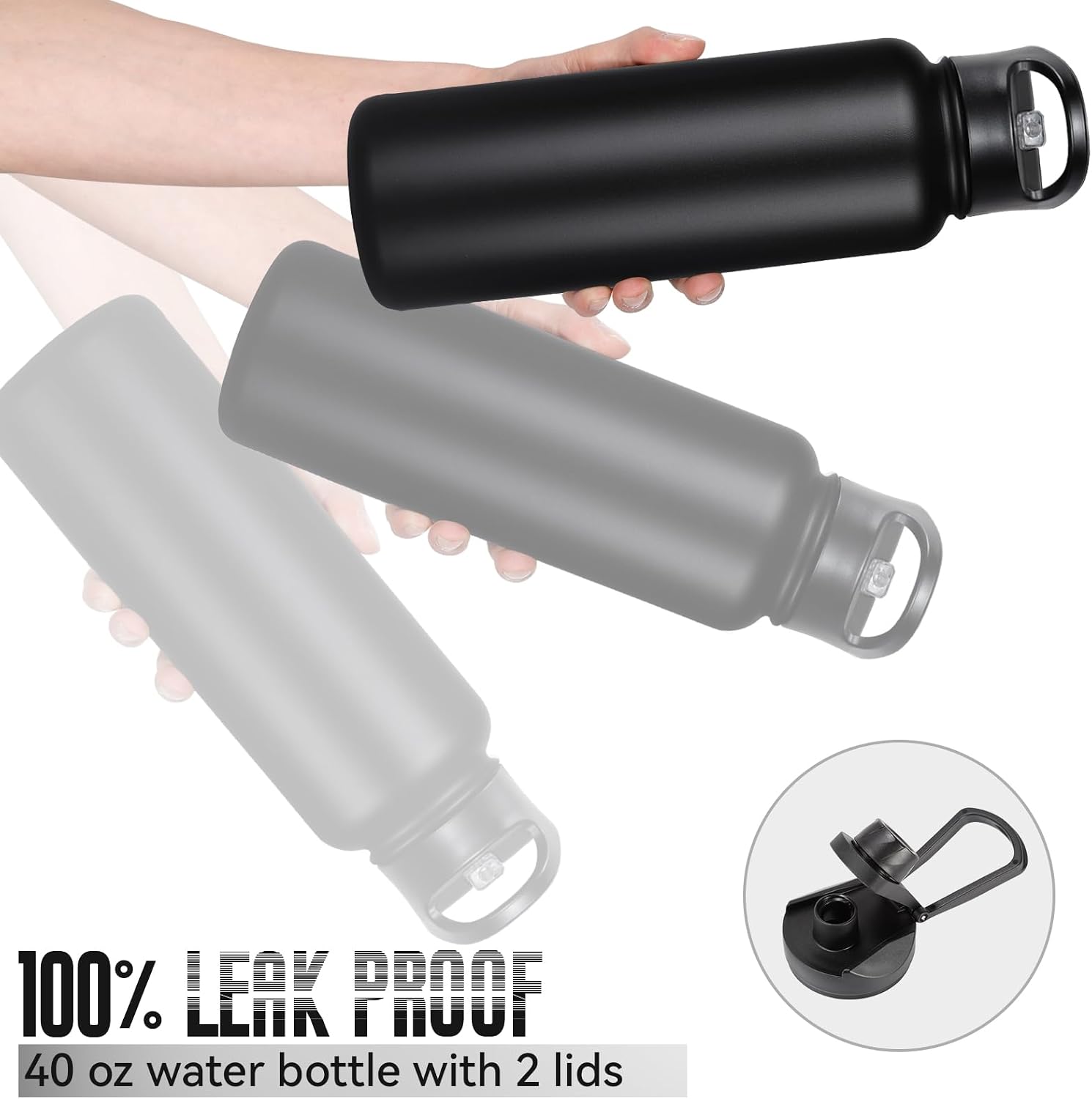 40 oz Insulated Water Bottle with Straw, Stainless Steel Sports Water Bottles with 2 Lids (Straw and Wide Mouth lid)